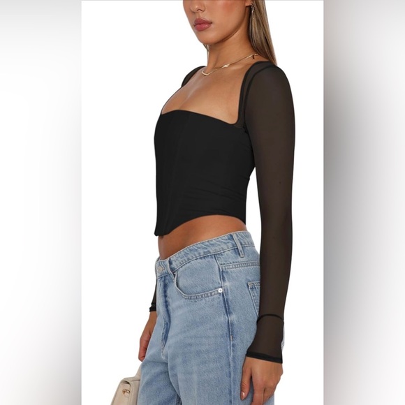 REORIA Mesh Long Sleeve Boned Corset Square Neck Going Out Bustier Crop Top - Picture 4 of 12